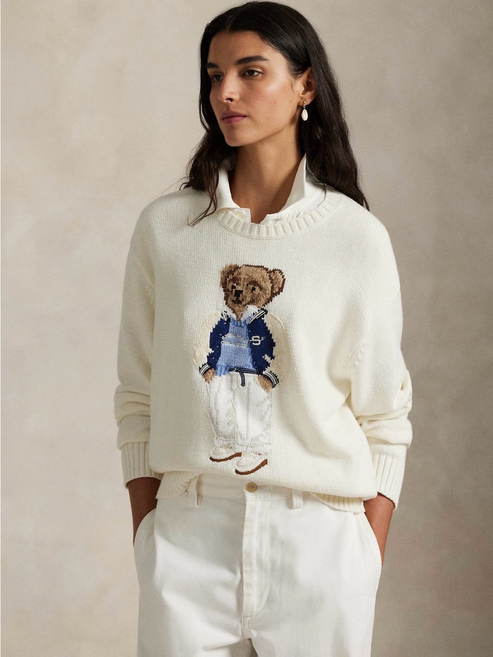 Polo by Ralph Lauren Cream Teddy Crewneck Sweater with Navy Detail